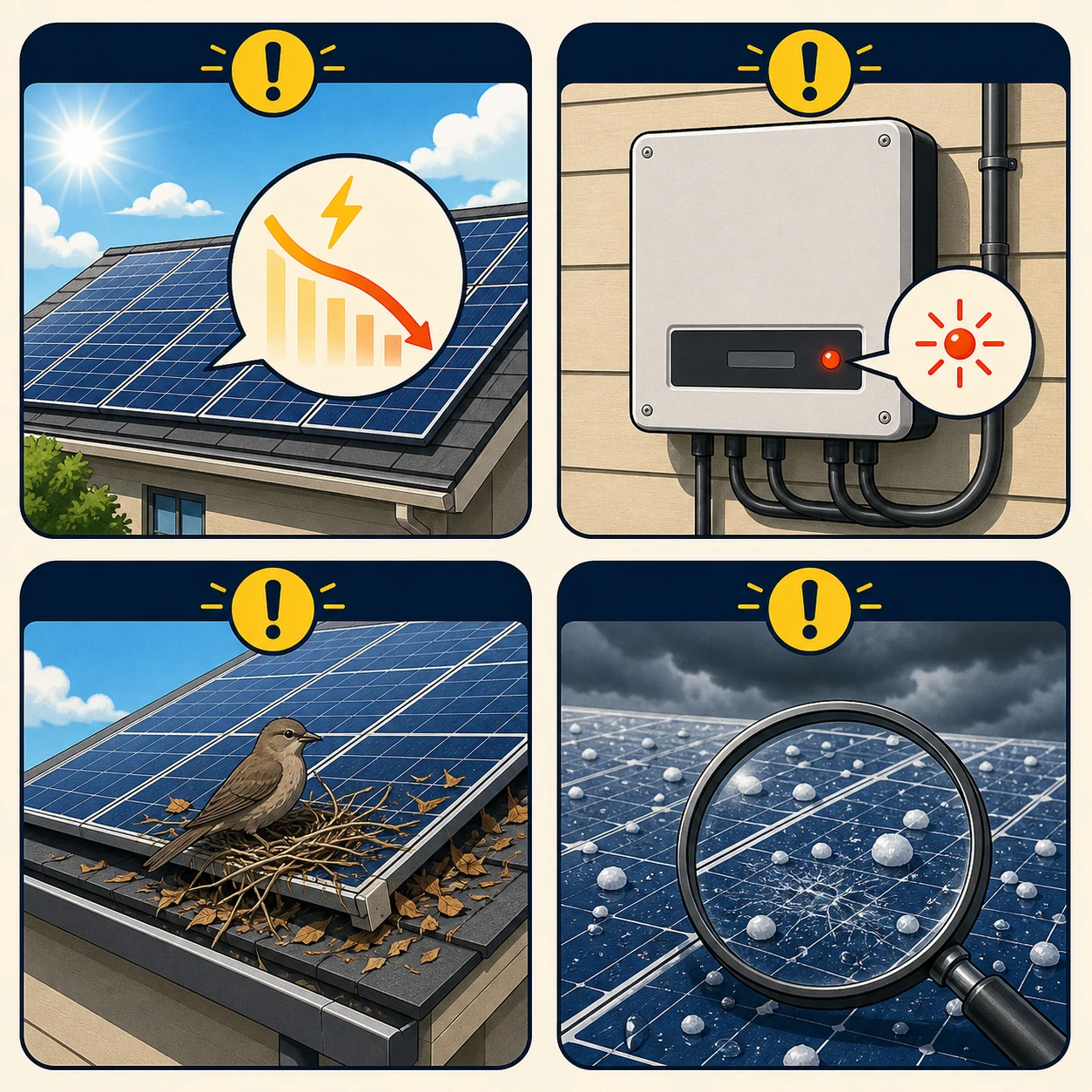 発電量低下、パワコンエラー、鳥害、雹など災害後の不具合イメージ
