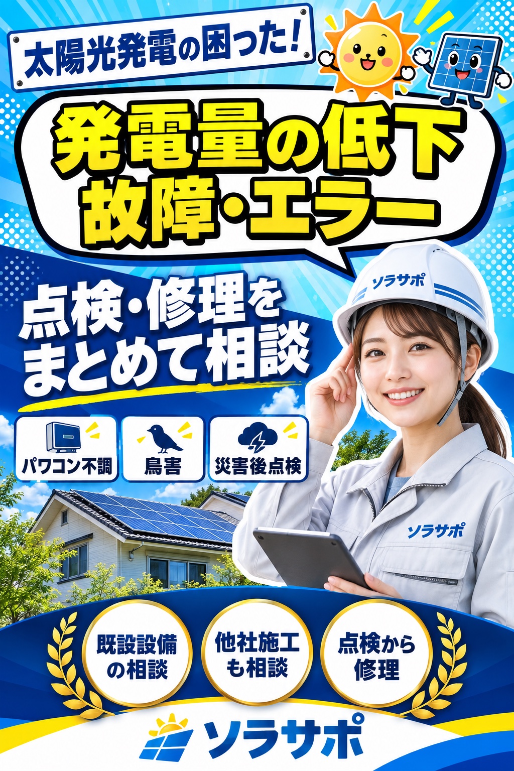 太陽光発電の困った!発電量の低下、故障やエラー。点検と修理をソラサポにまとめて相談。