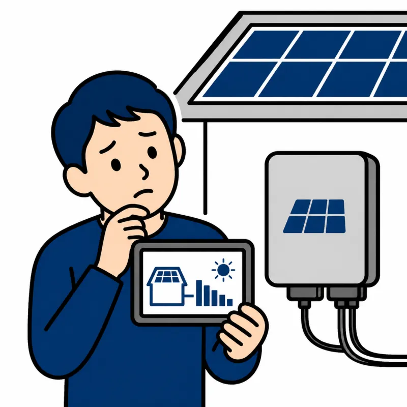 発電モニターを見て首をかしげる人のイラスト