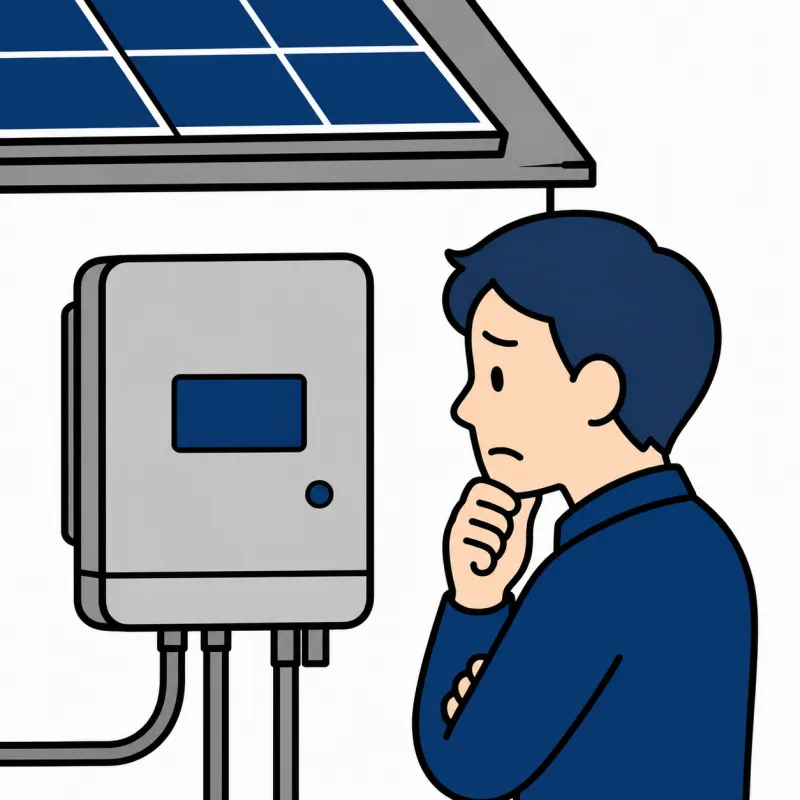エラー表示のあるパワコンの前で困る人のイラスト