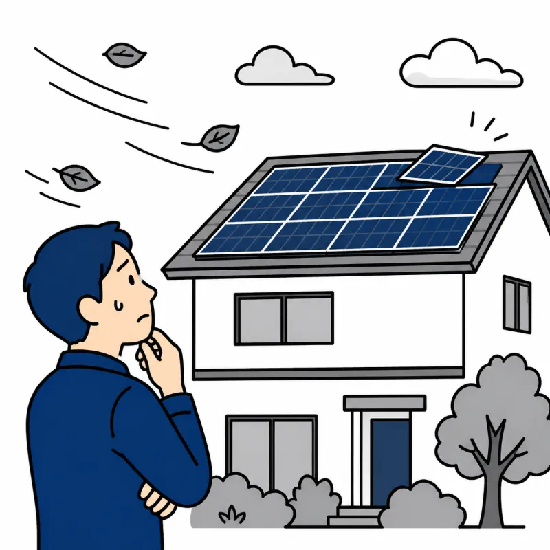 強風のあとに太陽光パネルのある屋根を見上げる人のイラスト