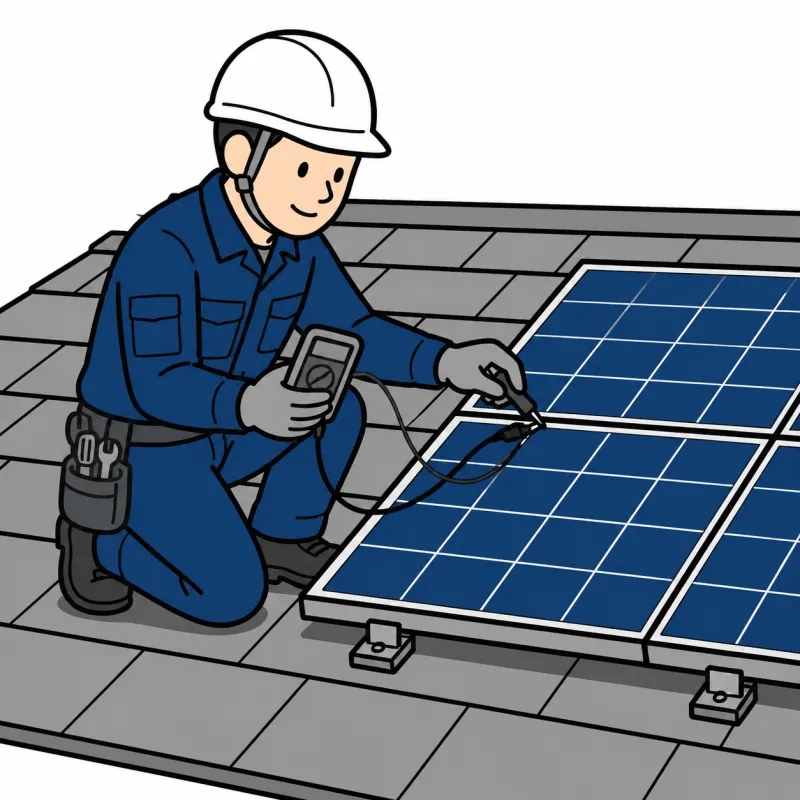屋根の太陽光パネルを測定する作業員のイラスト